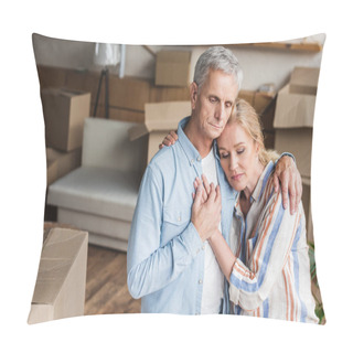 Personality  High Angle View Of Upset Senior Couple Embracing And Holding Hands During Relocation Pillow Covers