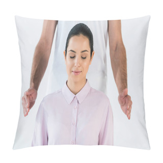 Personality  Cropped View Of Healer Putting Hands Near Attractive Woman With Closed Eyes Isolated On White  Pillow Covers