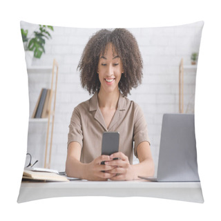 Personality  Modern Technology For Study And Work At Home During Epidemic. Smiling African American Woman Typing On Smartphone, Sitting At Table With Notebook And Notepad Pillow Covers