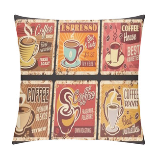 Personality  Coffee Shop Espresso, Coffee Room Tin Sign, Cafe Or Restaurant Hot Drinks Rusty Metal Plate. Coffee Beans Premium Blends Grunge Plate With Vector Porcelain Cup On Saucer, Typography And Rust Texture Pillow Covers