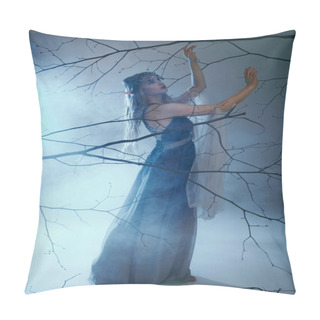 Personality  A Young Woman In A Blue Dress Stands Gracefully Before A Majestic Tree, Embodying The Essence Of An Ethereal Elf Princess. Pillow Covers