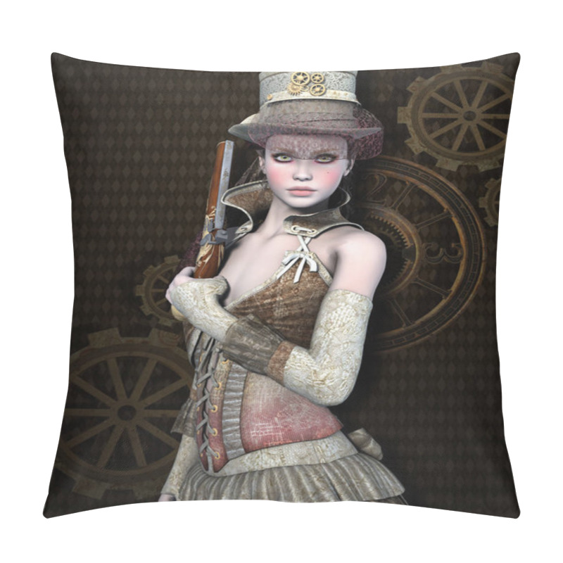 Personality  Beautiful and dangerous steampunk girl with a gun pillow covers