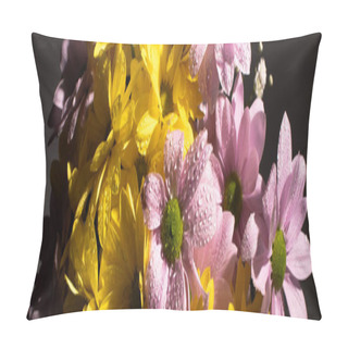 Personality  Bouquet Of Yellow And Violet Daisies With Water Drops, Panoramic Shot Pillow Covers