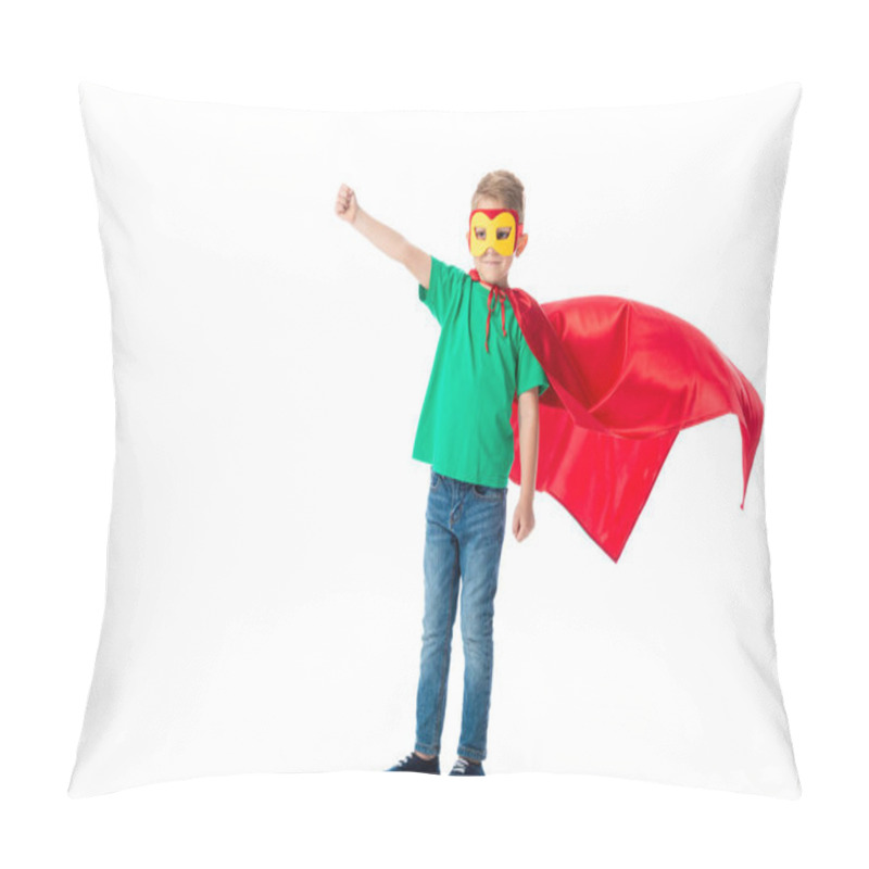 Personality  Full Length View Of Smiling Preschooler Boy In Mask And Red Hero Cloack Standing With Fist Up Isolated On White Pillow Covers