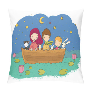 Personality  Cute Cartoon Kids In The Boat. Funny Hares And A Cat. Best Friends Went On A Trip. Pillow Covers