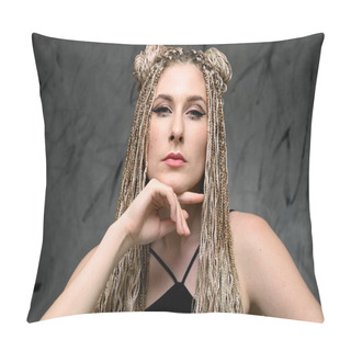 Personality  Close-up Portrait Of A Caucasian Fashionable Woman With Long Afro Dreadlocks In Studio. Model Posing On A Gray Background Pillow Covers