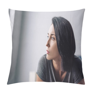 Personality  Beautiful Depressed Woman Looking Away At Home With Copy Space Pillow Covers