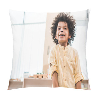 Personality  Low Angle View Of African American Kid Smiling While Looking Away Pillow Covers