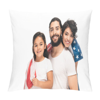 Personality  Happy Latin Family Smiling While Holding American Flag Isolated On White  Pillow Covers