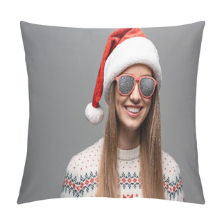 Personality  Beautiful Happy Woman In Christmas Sweater, Santa Hat And Sunglasses, Isolated On Grey Pillow Covers