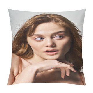Personality  Young Surprised Woman With Trendy Peachy Makeup, Looking Away, Hands Near Face On Grey Background Pillow Covers