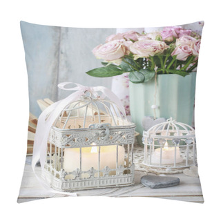 Personality  Vintage Birdcage With Cande And Bouquet Of Pink Roses In Ceramic Pillow Covers