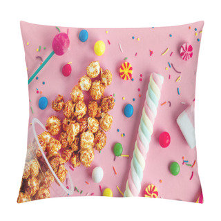 Personality  Multicolor, Children's, High-calorie, Unhealthy Candy On A Pink Background. A Table Full Of Sweets. Top View  Pillow Covers