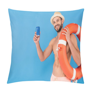 Personality  Shirtless Man Holding Life Buoy And Canned Drink Isolated On Blue  Pillow Covers