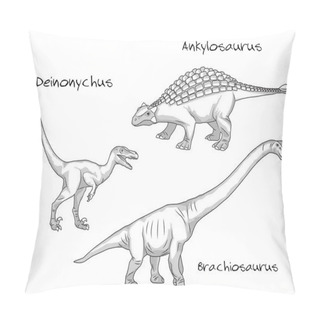 Personality  Thin Line Engraving Style Illustrations, Various Kinds Of Prehistoric Dinosaurs, It Includes Deinonychus, Ankylosaurus, Brachiosaurus Pillow Covers