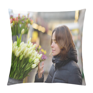 Personality  Beautiful Young Woman Selecting Fresh Tulips At Famous Amsterdam Flower Market (Bloemenmarkt). Pillow Covers