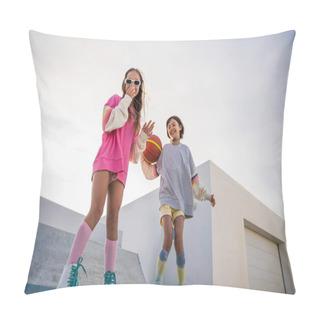 Personality  Real Emotions. Active Children Playing On Outdoor Playground While Having Fun With Ball. Healthy Summer Activity For Children In Sunny Weather Concept Pillow Covers