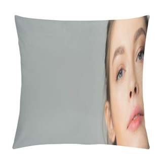 Personality  Close Up View Of Pretty Young Model Looking At Camera Isolated On Grey, Banner  Pillow Covers