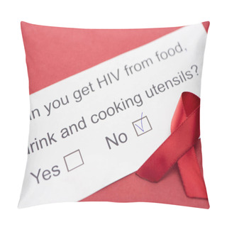 Personality  Paper Card With HIV Questionnaire With Awareness Ribbon On Red Background Pillow Covers