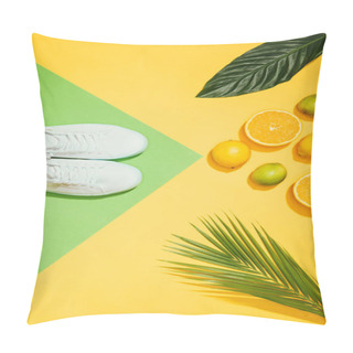 Personality  Top View Of Stylish Female Sneakers, Tropical Leaves, Lemons, Limes And Slices Of Orange Pillow Covers