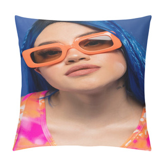 Personality  Portrait, Trendy Accessory, Young Female Model With Blue Hair And Trendy Sunglasses Isolated On Blue Background, Generation Z, Rebel Style, Rebel Style, Individualism, Modern Woman  Pillow Covers