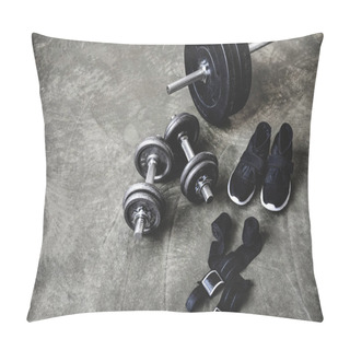 Personality  Various Workout Equipment On Concrete Surface Pillow Covers