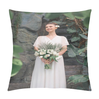 Personality  Smiling Bride Posing In White Dress With Wedding Bouquet Pillow Covers