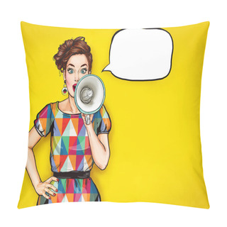 Personality  Pop Art Girl With Megaphone. Woman With Loudspeaker. Advertising Poster With Lady Announcing Discount Or Sale.  Pillow Covers