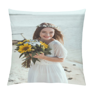 Personality  Beautiful Happy Girl In White Dress Holding Sunflowers On Beach Pillow Covers