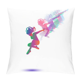 Personality Woman Dancer, Beautiful Woman Dancer Silhouette, Girl Dancer Isolated On White Background. Modern Dance. Vector Illustration, Drawing. Woman Jumping. Happy People, Jump. Fitness, Sport, Gymnastic, Gymnast Girl, Gymnast Woman. Vector Disco Woman Dance Pillow Covers