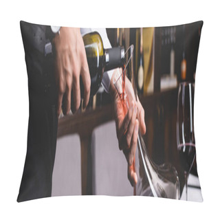 Personality  Panoramic Shot Of Sommelier Pouring Wine In Decanter Near Glasses In Restaurant  Pillow Covers