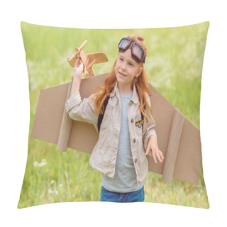 Personality  Portrait Of Little Child In Pilot Costume With Wooden Toy Plane Standing In Meadow Pillow Covers