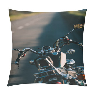 Personality  Cruiser Motorcycle Standing On Asphalt Road Pillow Covers