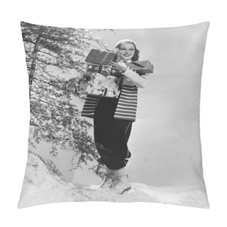 Personality  Woman Outside In Snow With Christmas Presents Pillow Covers