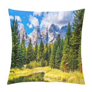 Personality  Reflections Of The Grand Tetons Peaks In The Waters Of The Snake River At Schwabacher Landing In Grand Tetons National Park, Wyoming, United States Pillow Covers