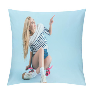 Personality  Joyful Girl Sitting On Pink Longboard And Pointing With Finger On Blue Background Pillow Covers