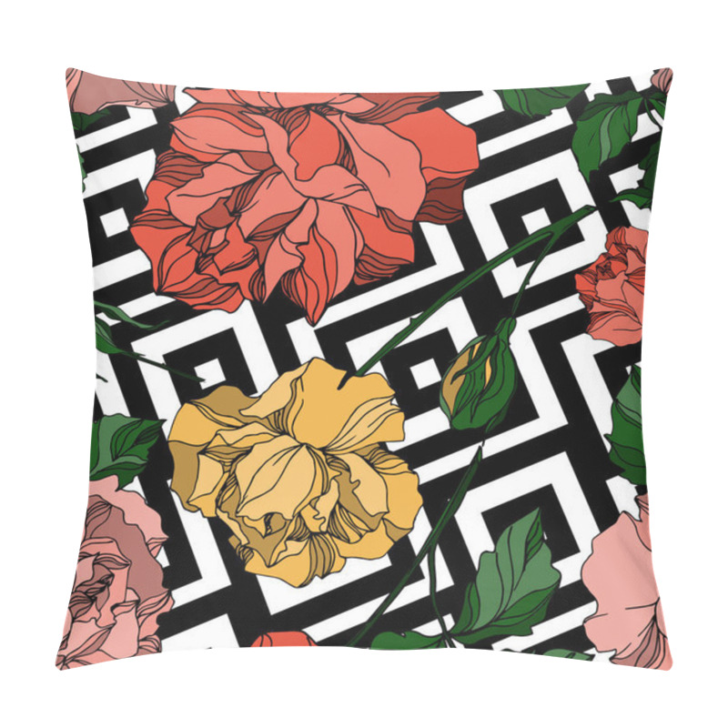 Personality  Vector Roses floral botanical flowers. Black and white engraved ink art. Seamless background pattern. pillow covers