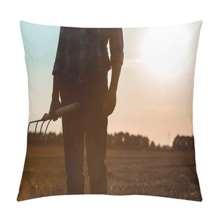 Personality  Cropped View Of Self-employed Man Holding Rake In Wheat Field  Pillow Covers