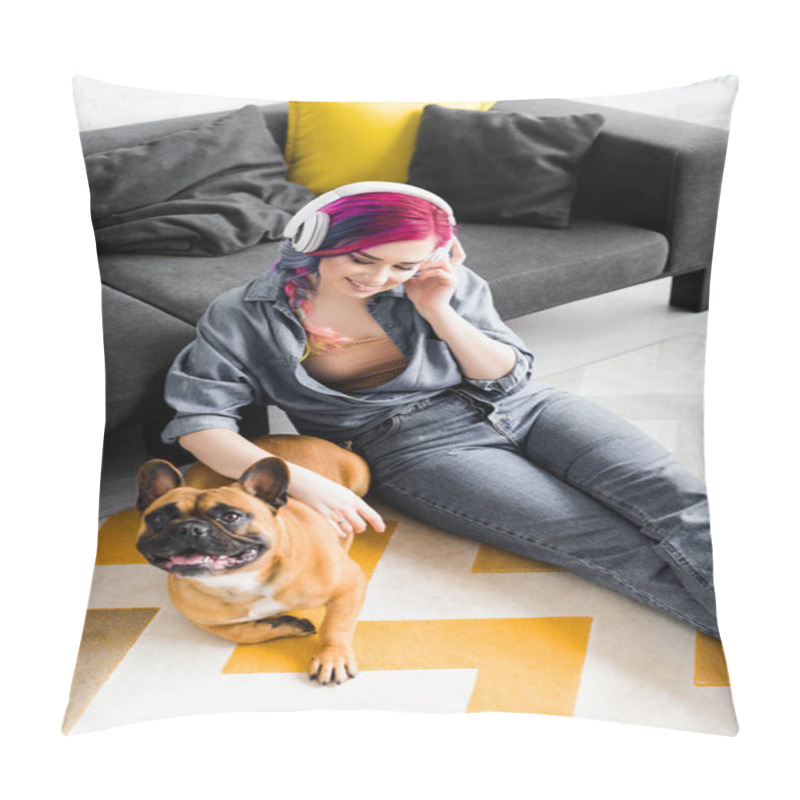 Personality  high angle view of beautiful girl with colorful hair and headphones sitting on floor and petting french bulldog pillow covers