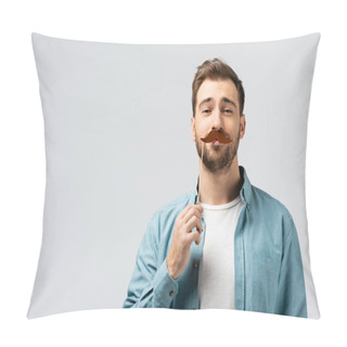 Personality  Funny Young Man With Fake Mustache On Stick Isolated On Grey Pillow Covers