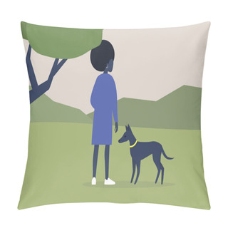 Personality  Young Black Female Character Walking With Their Dog In The Woods, Outdoor Leisure Activities, Summer Time Pillow Covers