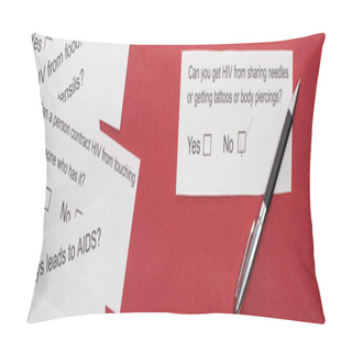 Personality  Top View Of Paper Cards With HIV Questionnaire And Pen On Red Background, Panoramic Shot Pillow Covers