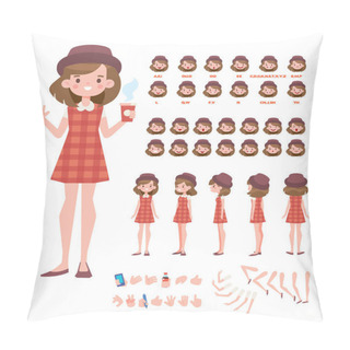 Personality  Front, Side, Back, 3/4 View Animated Character. Young Girl Character Constructor With Various Views, Face Emotions, Lip Sync, Poses And Gestures. Cartoon Style, Flat Vector Illustration. Pillow Covers