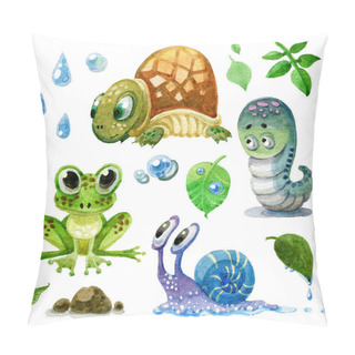 Personality  Set Of Cartoon Watercolor Amphibians, Turtles, Snails And Caterpillars Pillow Covers