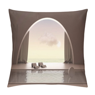 Personality  Imaginary Fictional Architecture, Interior Design Of Empty Space With Arched Window With Curtain, Concrete Rosy Walls, Swimming Pool With Chaise Longue, Sunrise Sunset Sea Panorama Pillow Covers