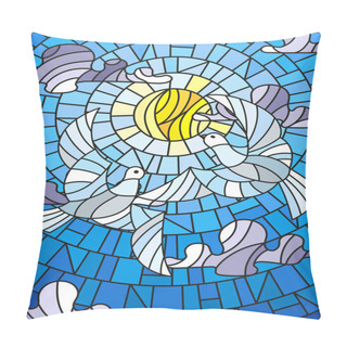 Personality  Illustration In Stained Glass Style With A Pair Of White Doves On The Background Of The Daytime Sky And Clouds Pillow Covers