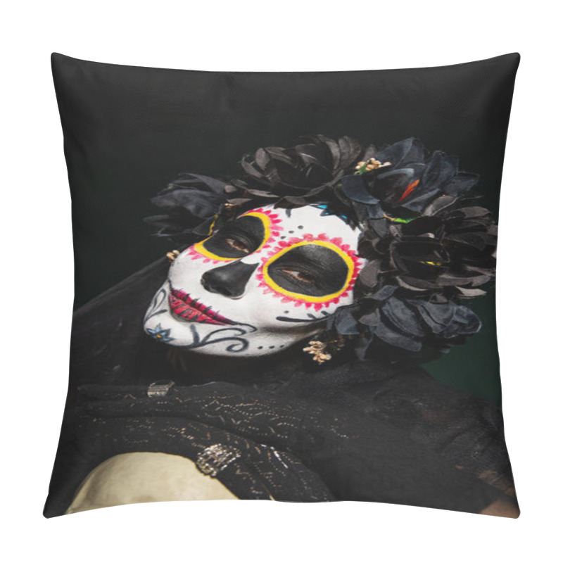 Personality  Woman In Mexican Santa Muerte Costume Looking At Camera Near Skull Isolated On Black  Pillow Covers