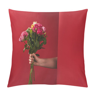 Personality  Cropped Shot Of Person Holding Beautiful Bouquet Of Roses On Red  Pillow Covers