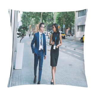 Personality  Elegant African American Woman With Asian Man Wearing Name Tags And Having Friendly Discussion While Walking Down Street Meeting On Business Conference Pillow Covers