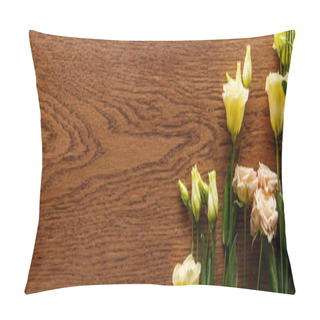 Personality  Top View Of Blooming Eustoma Flowers On Wooden Background, Panoramic Shot Pillow Covers